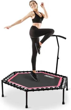 ONETWOFIT 48" Silent Mini Trampoline with Adjustable Handle Bar Fitness Trampoline Bungee Rebounder Jumping Cardio Trainer Workout for Adults Pink