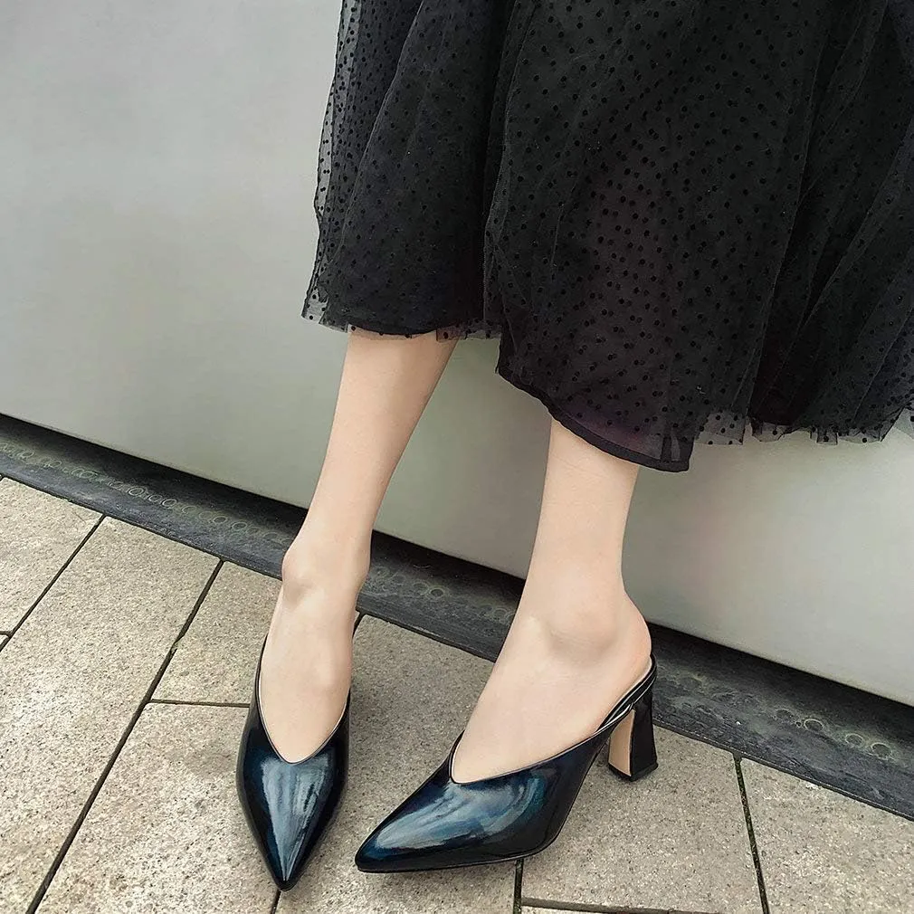 Parisuit Women's Pointed Toe Slip On Mules Chunky High Heels Slingbck Slide Sandal Sexy Dress Shoes