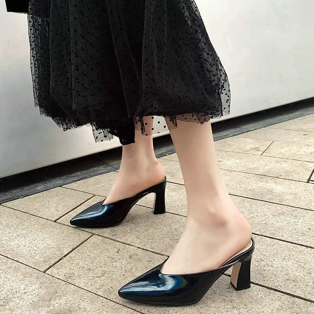 Parisuit Women's Pointed Toe Slip On Mules Chunky High Heels Slingbck Slide Sandal Sexy Dress Shoes