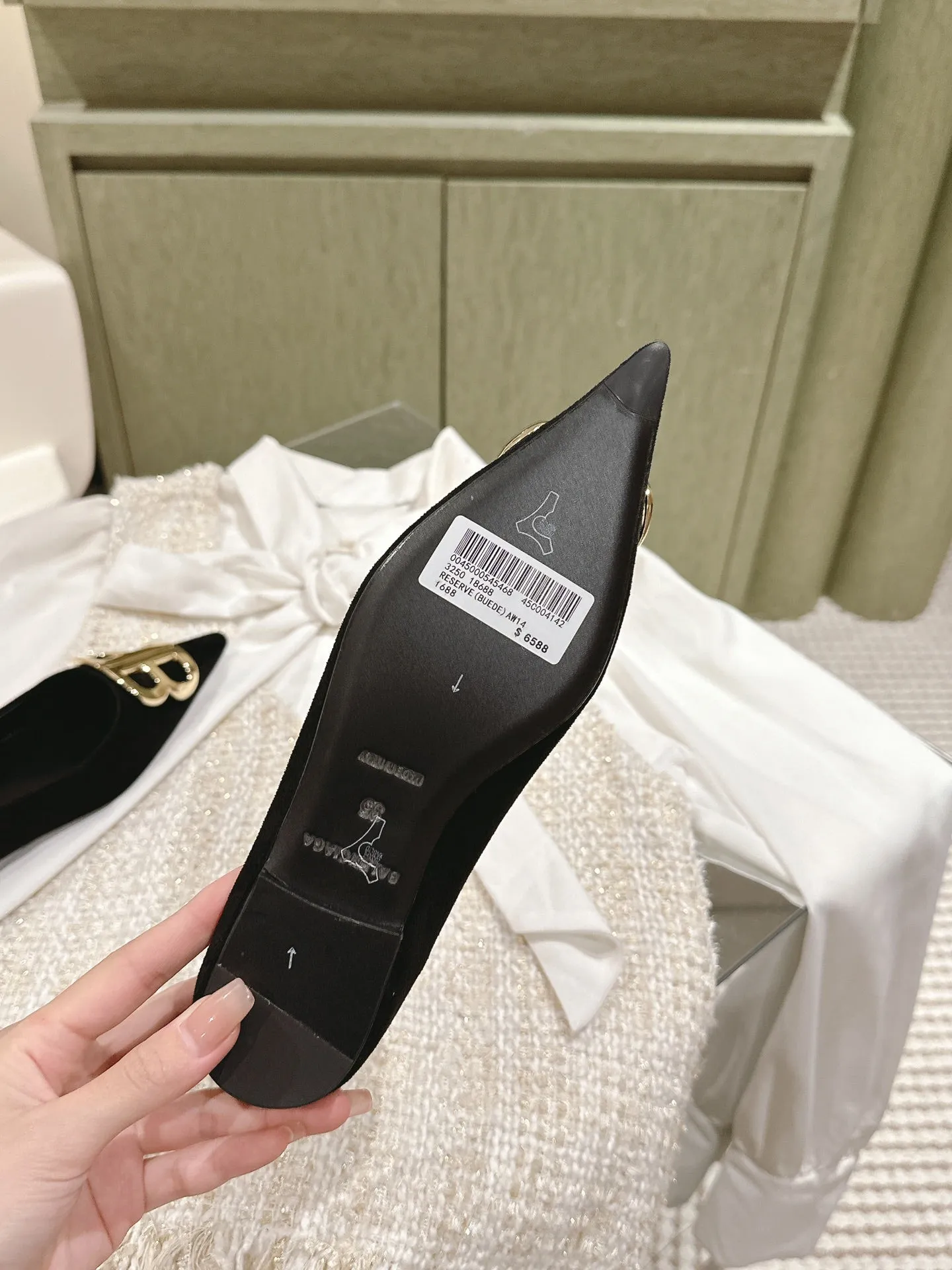 POINTED BB GOLD BUCKLE BALLET FLAT IN BLACK SUEDE