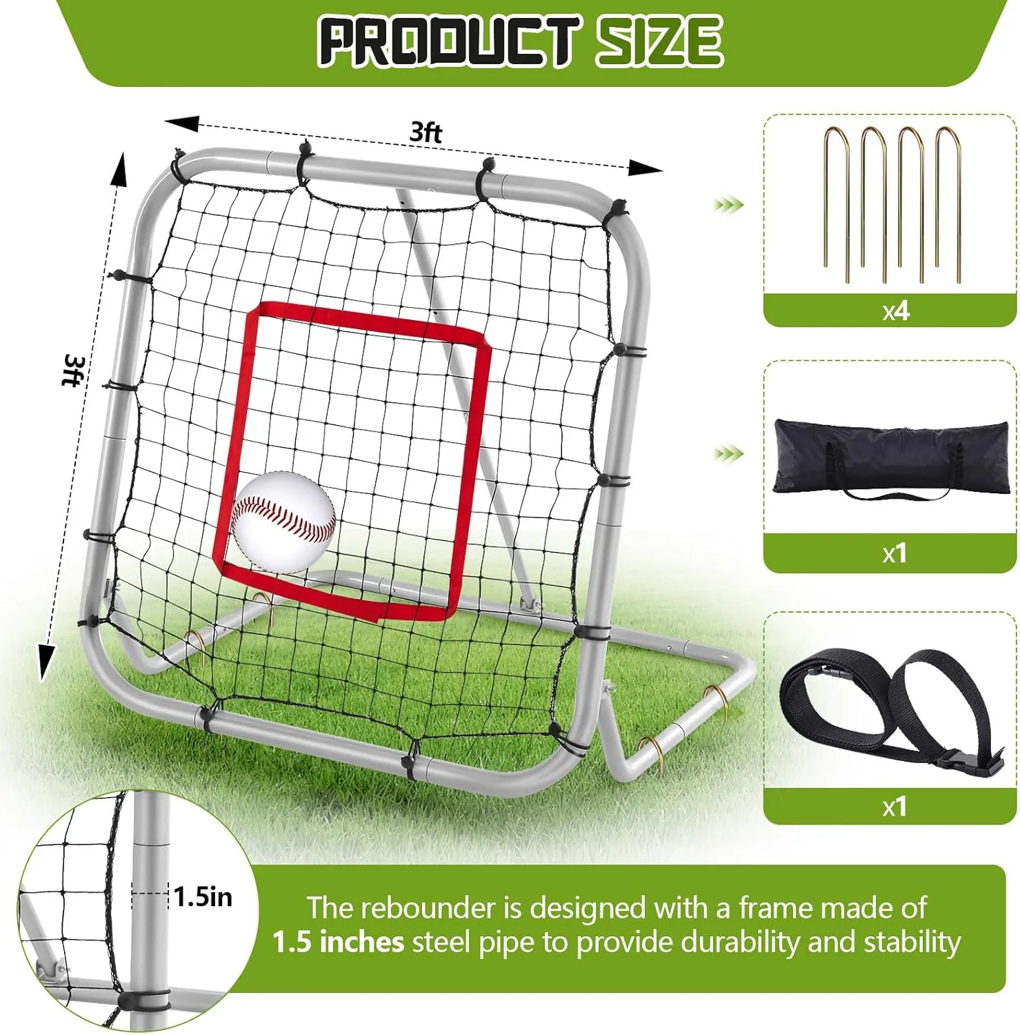 Pro Portable Baseball and Softball Rebounder Adjustable Heavy Duty Pitch-Back Net with Storage Bag Carrying Strap Fielding Trainer Net 3 Angles Ground Balls Line Drives Pop Flies