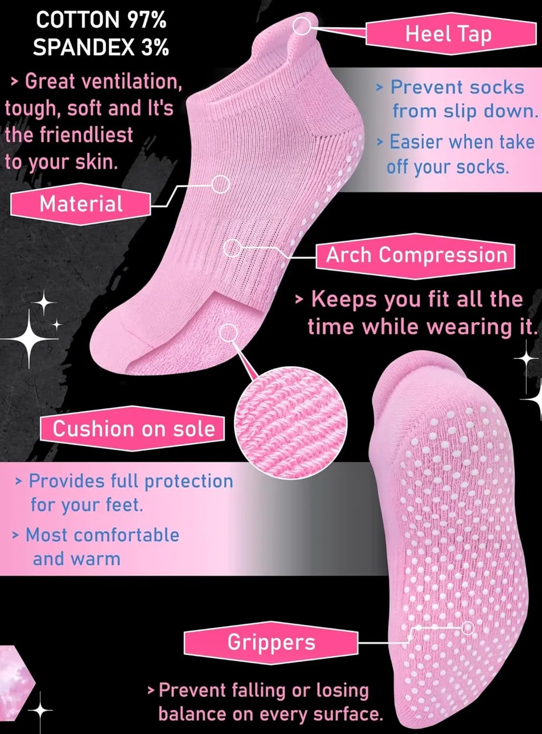 RATIVE Anti Slip Non Skid Barre Yoga Hospital Pilates Socks with Grips for Women Men