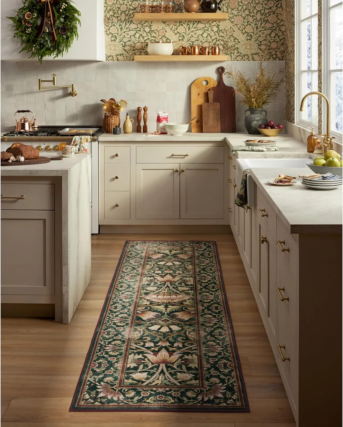Ruggable x Morris & Co Washable 2x10 Runner Rug, Lodden Soft Evergreen & Gold, Premium Christmas Rugs for Hallway, Kitchen, Entryway, Living Room, Bedroom, Office with Gripper Non Slip Pad