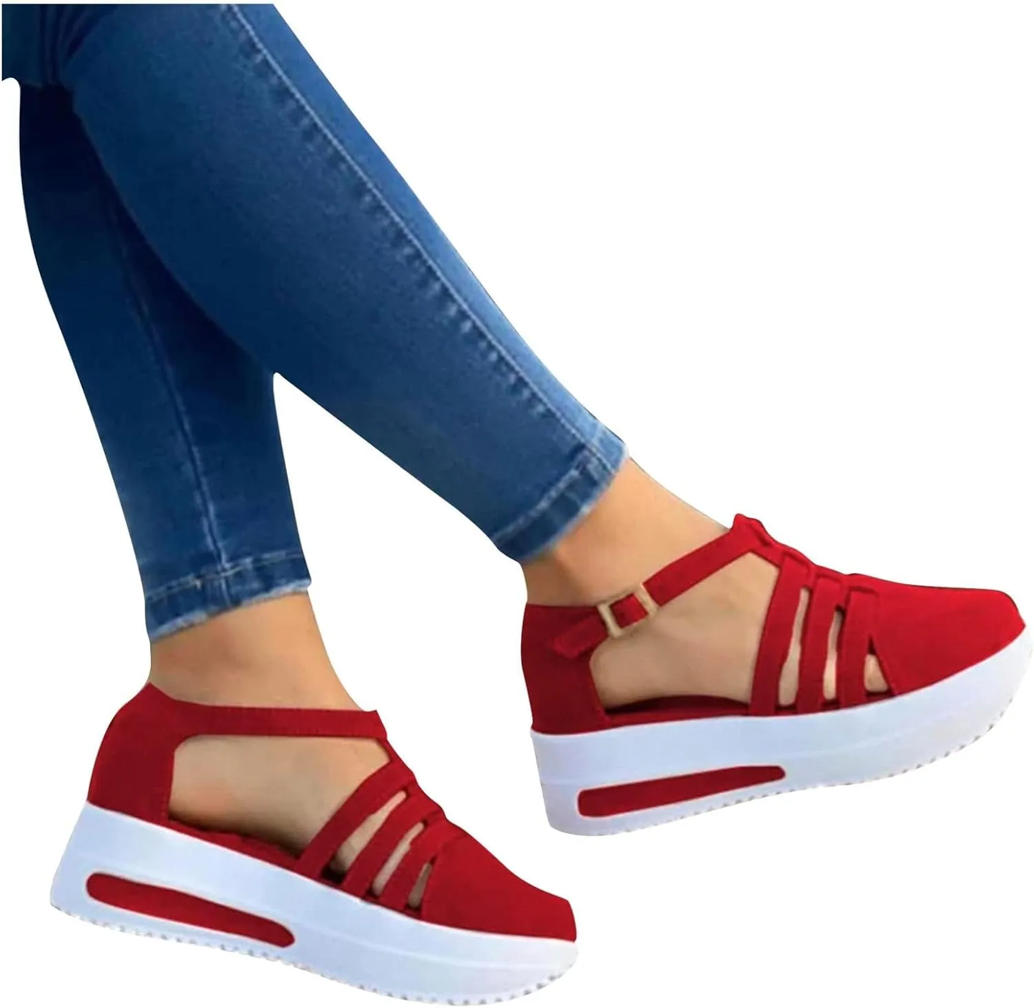 Sandals for Women 2025 Dressy Summer Casual Slip on Ankle Strap Buckle Crystal Platform Wedges Closed Toe Sandals Flat Buckle up Walking Shoes
