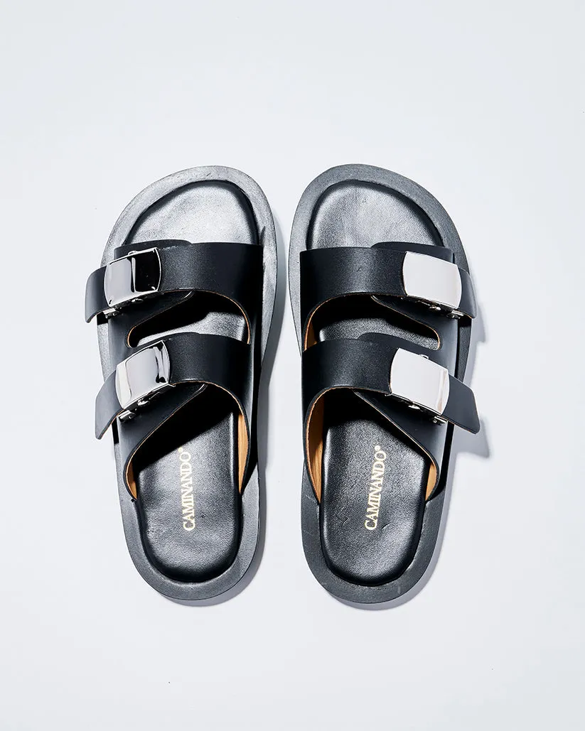 SLIDE BUCKLE PLATFORM SANDALS BLACK