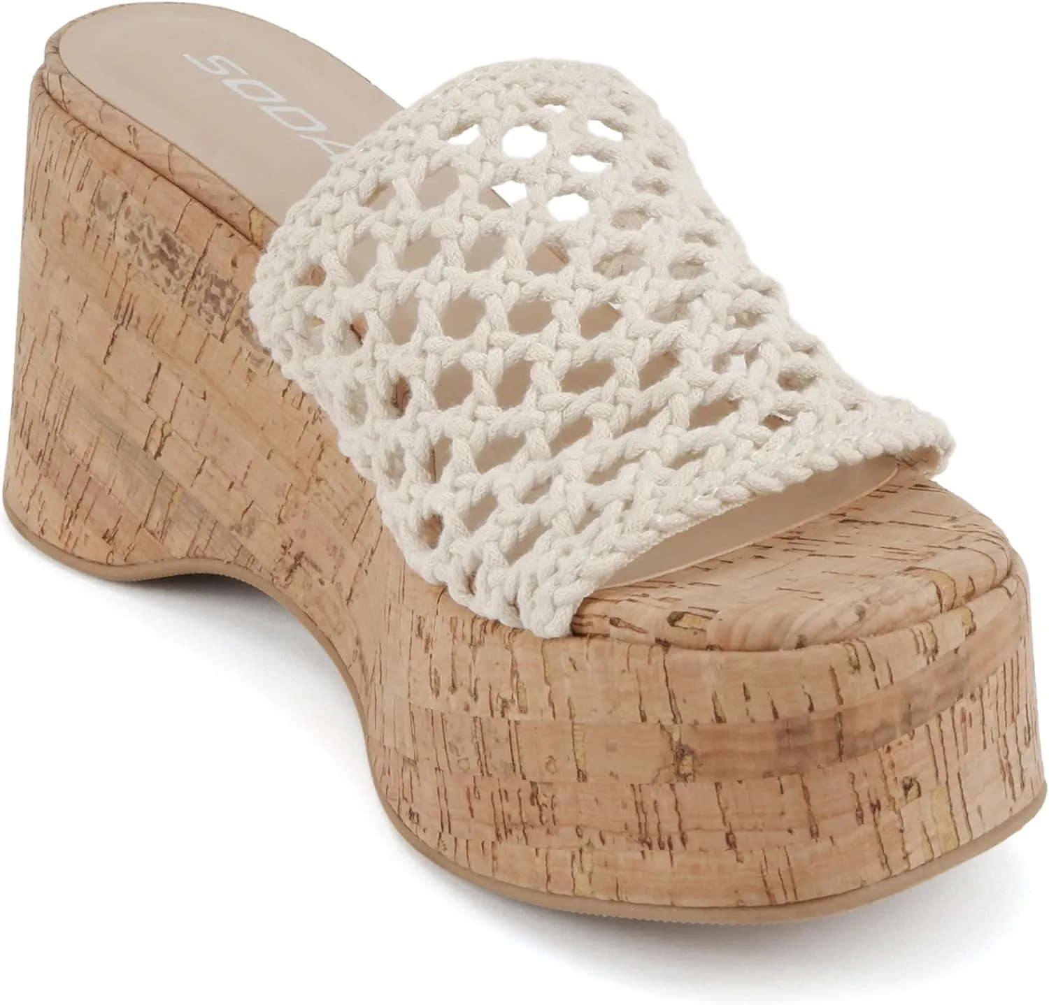 Soda “Skewer” ~ Women Open Square Toe Macrame Single Band High Heel Wedge Sandal