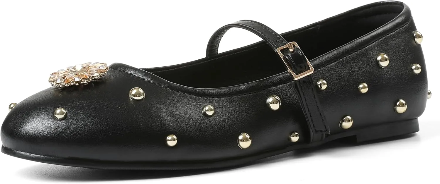 Synchoiss Studded Ballet Flats Shoes for Women Round Toe Buckle Strap Mary Jane Flats Rhinestone Ballerina Flats for Women Dressy Comfortable