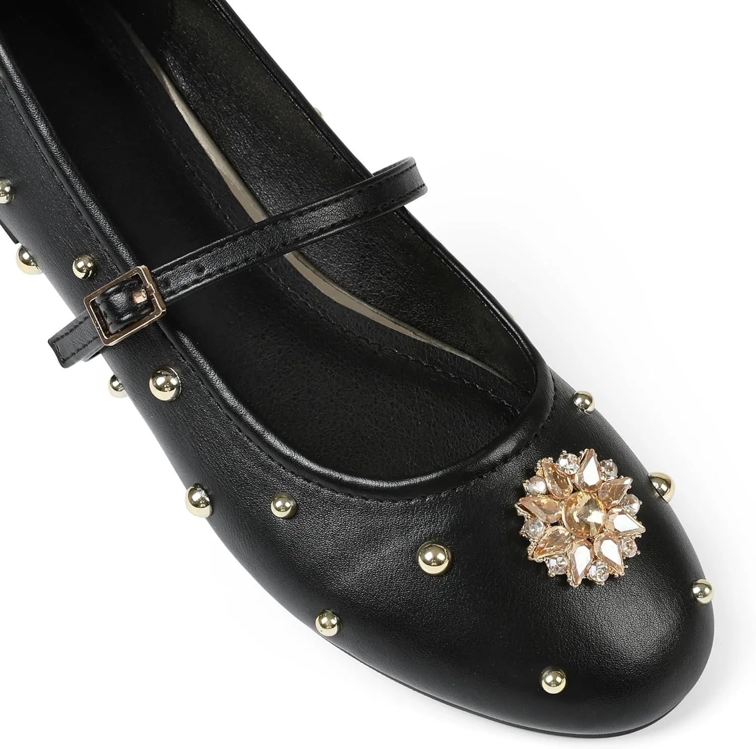 Synchoiss Studded Ballet Flats Shoes for Women Round Toe Buckle Strap Mary Jane Flats Rhinestone Ballerina Flats for Women Dressy Comfortable