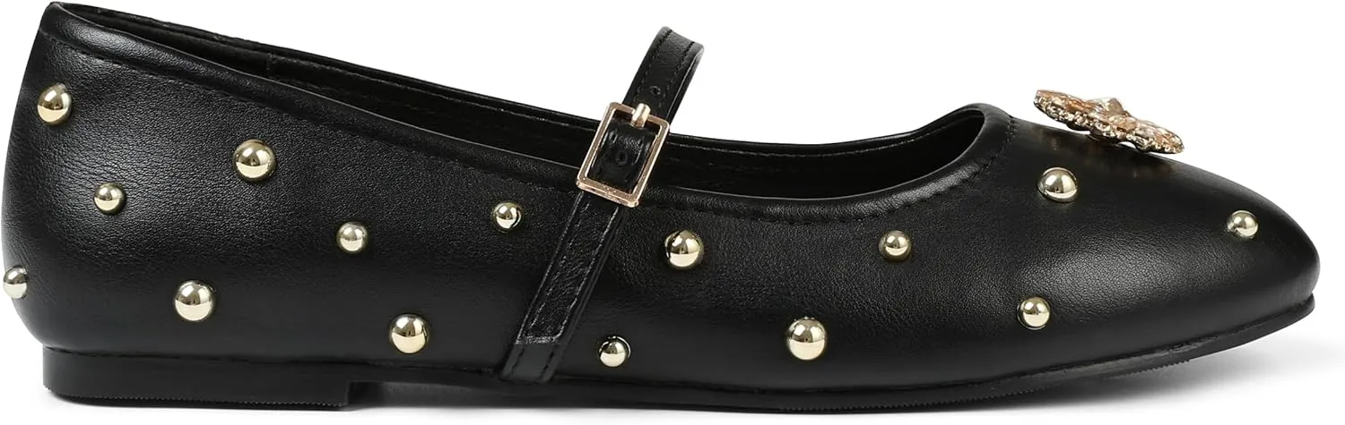 Synchoiss Studded Ballet Flats Shoes for Women Round Toe Buckle Strap Mary Jane Flats Rhinestone Ballerina Flats for Women Dressy Comfortable