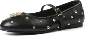Synchoiss Studded Ballet Flats Shoes for Women Round Toe Buckle Strap Mary Jane Flats Rhinestone Ballerina Flats for Women Dressy Comfortable