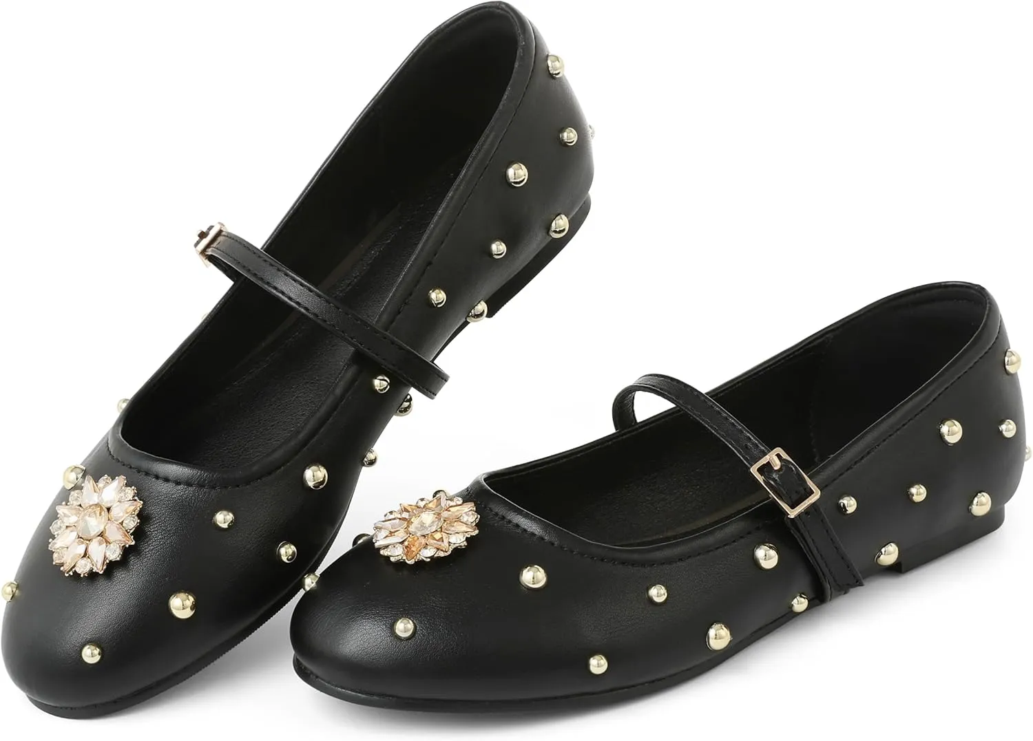 Synchoiss Studded Ballet Flats Shoes for Women Round Toe Buckle Strap Mary Jane Flats Rhinestone Ballerina Flats for Women Dressy Comfortable