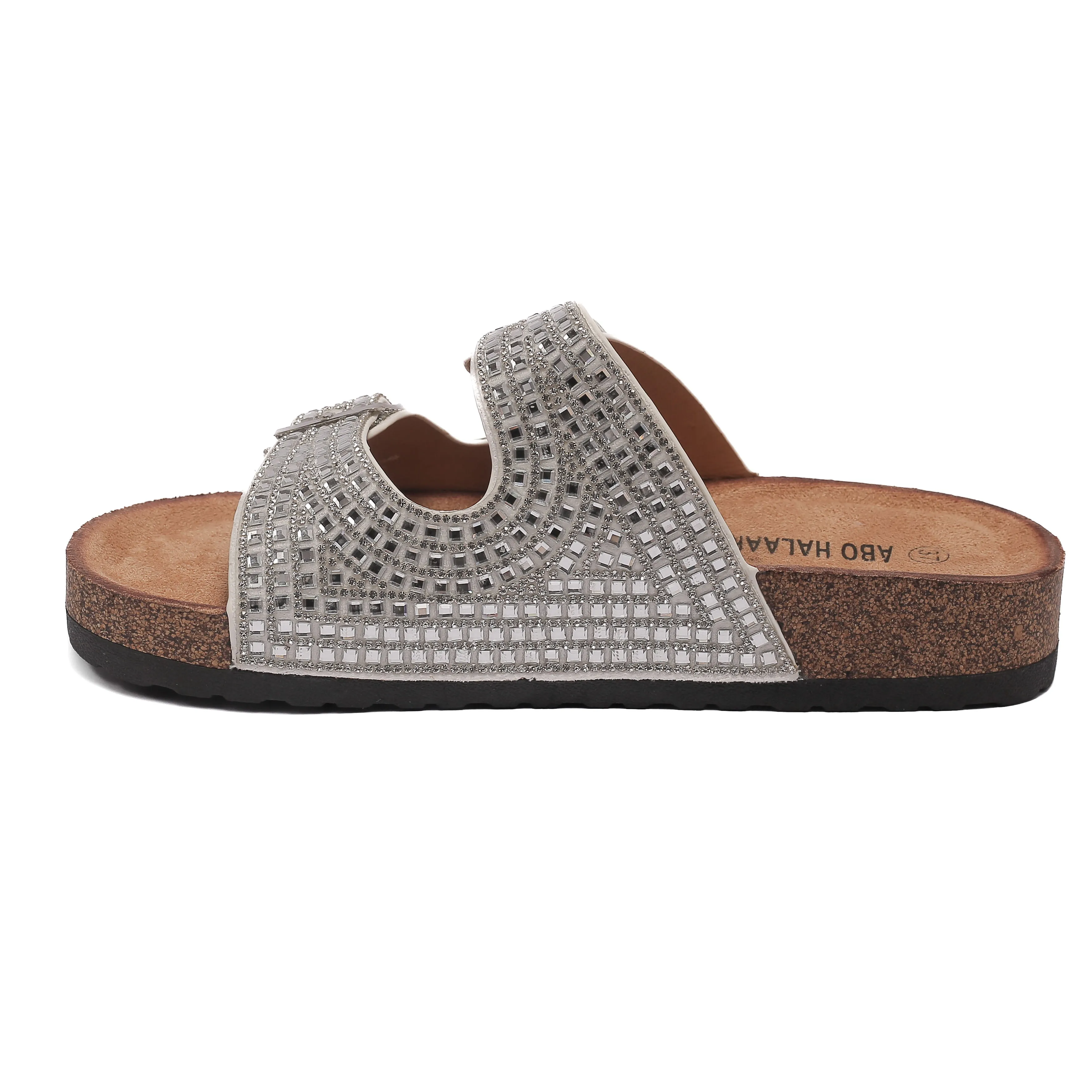 White Slide Sandals with Sparkly Buckles