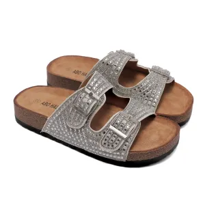 White Slide Sandals with Sparkly Buckles
