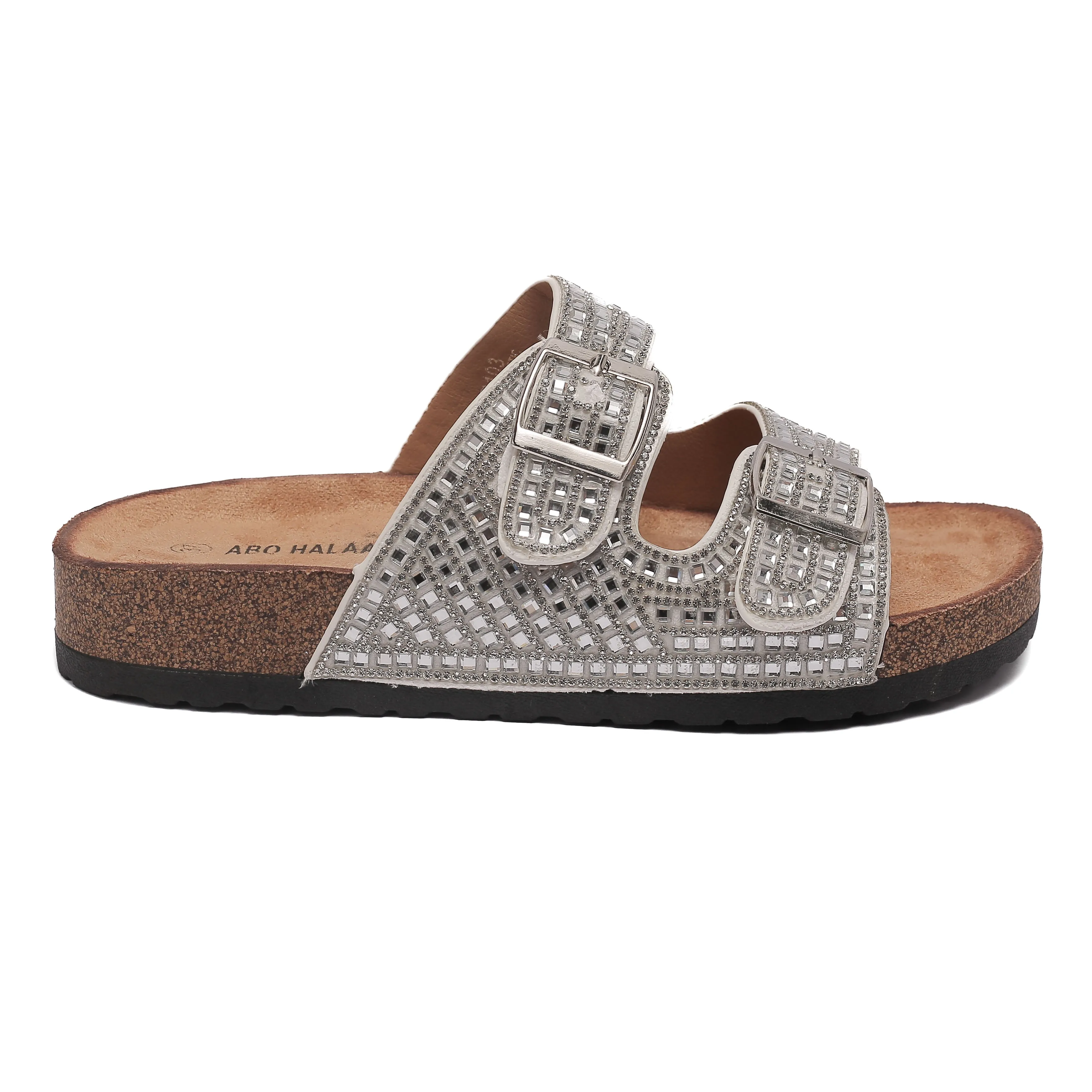 White Slide Sandals with Sparkly Buckles