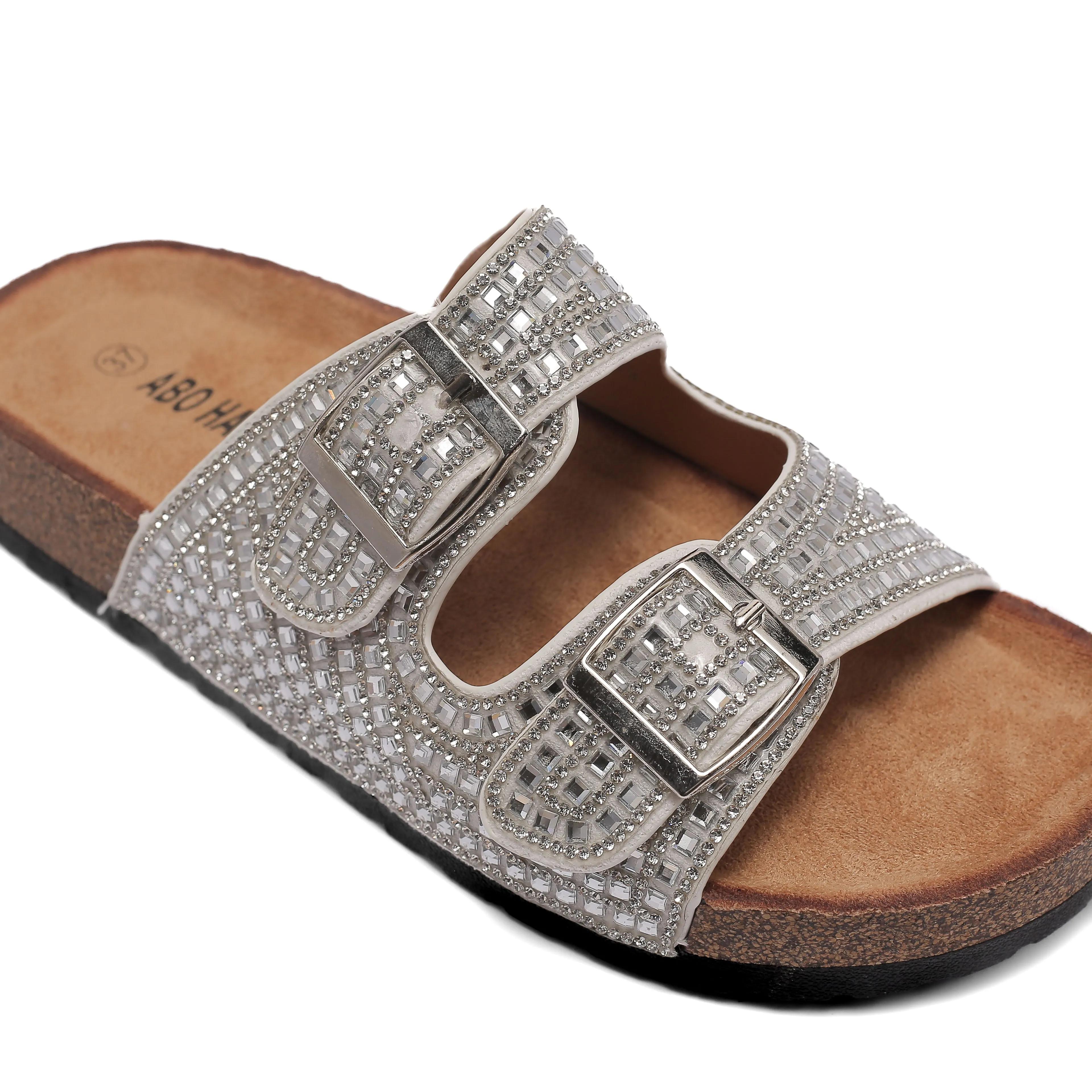 White Slide Sandals with Sparkly Buckles
