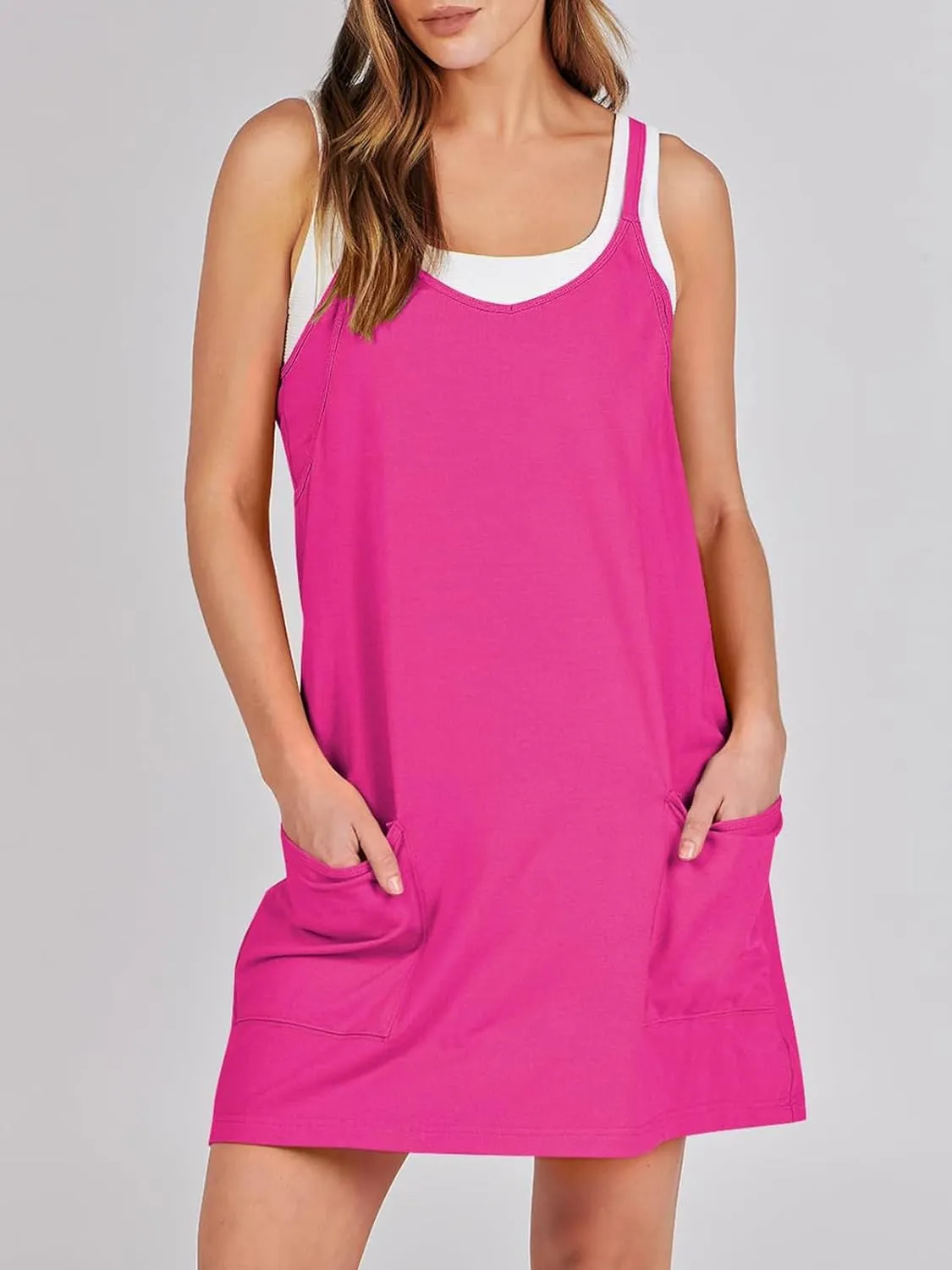 Women Summer Sleeveless Mini Dress Casual Short Sundress Workout Tennis Athletic Onesie with Built in Shorts