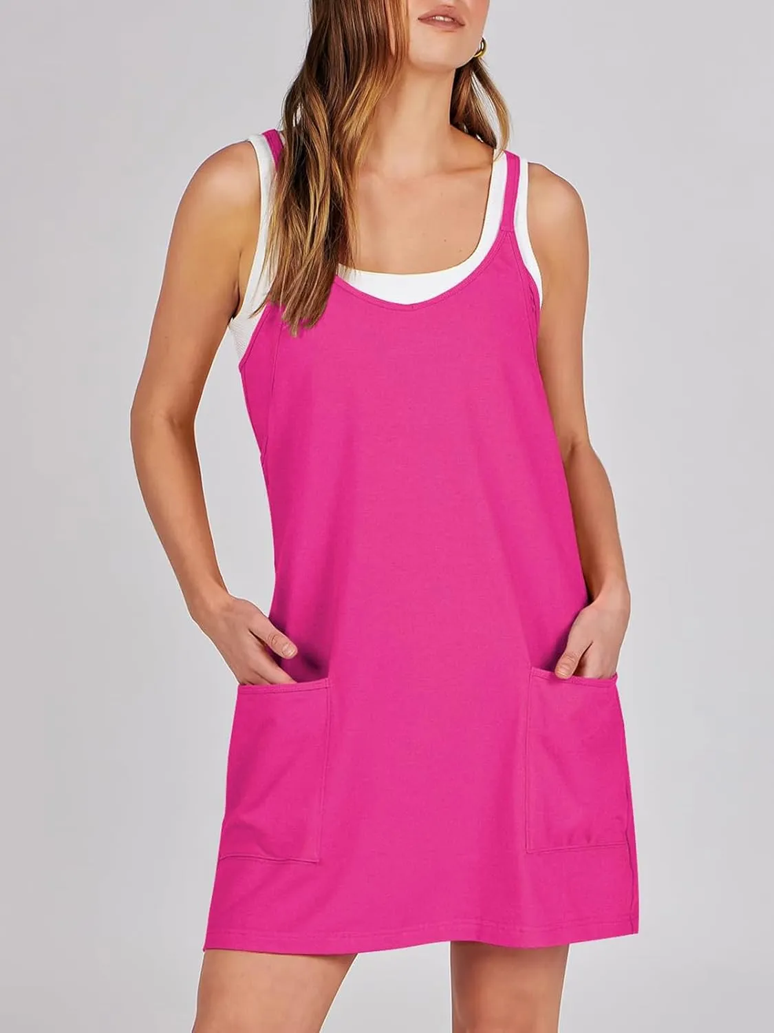 Women Summer Sleeveless Mini Dress Casual Short Sundress Workout Tennis Athletic Onesie with Built in Shorts