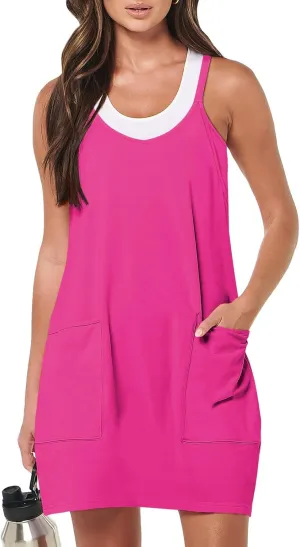 Women Summer Sleeveless Mini Dress Casual Short Sundress Workout Tennis Athletic Onesie with Built in Shorts