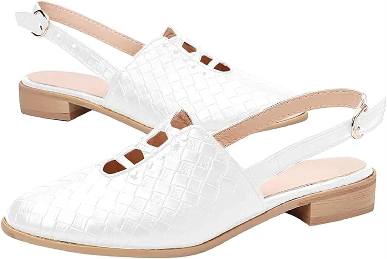 Women Woven Printing Mules, Comf Slip-on Low Heel Closed Pointed Toe Sandals, Boho Backless Adjustable Buckle Strap Beach Loafers