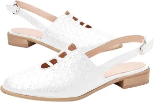 Women Woven Printing Mules, Comf Slip-on Low Heel Closed Pointed Toe Sandals, Boho Backless Adjustable Buckle Strap Beach Loafers