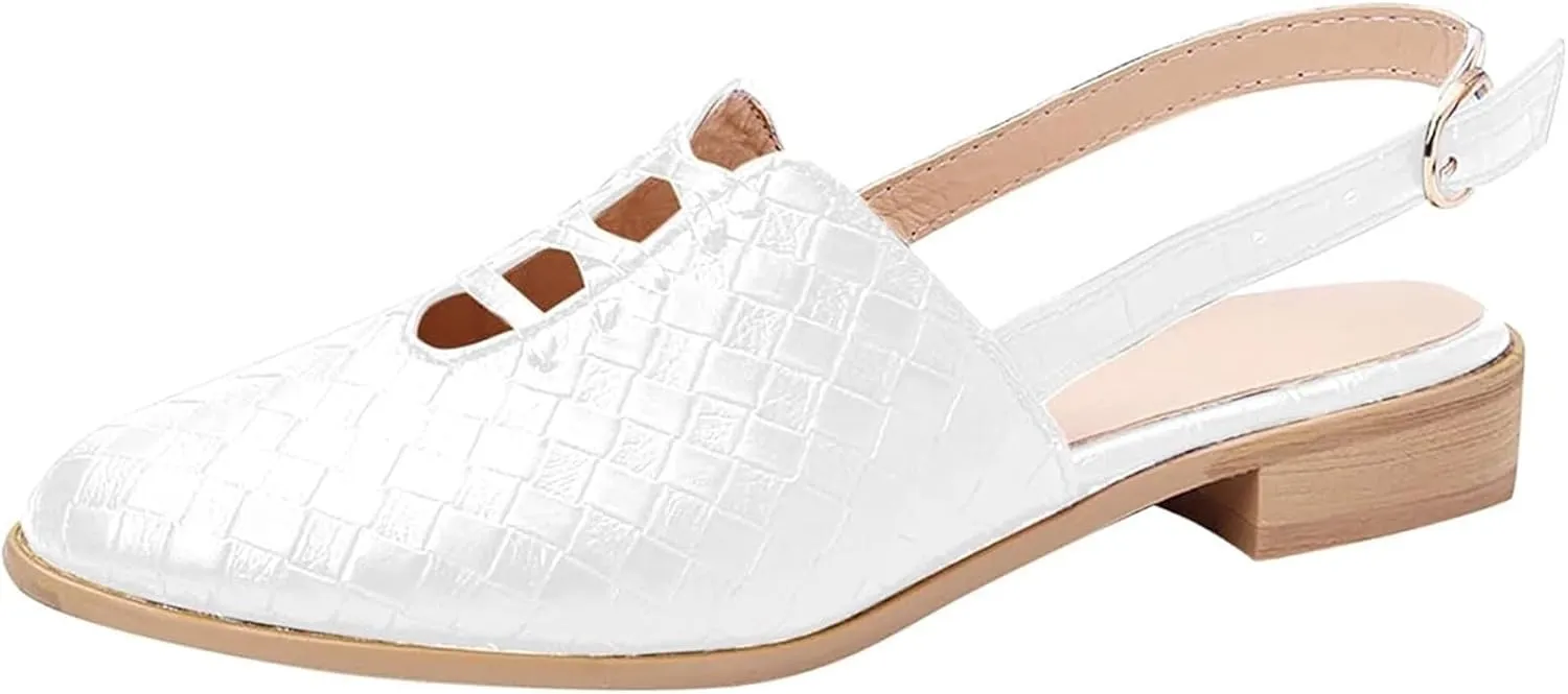 Women Woven Printing Mules, Comf Slip-on Low Heel Closed Pointed Toe Sandals, Boho Backless Adjustable Buckle Strap Beach Loafers