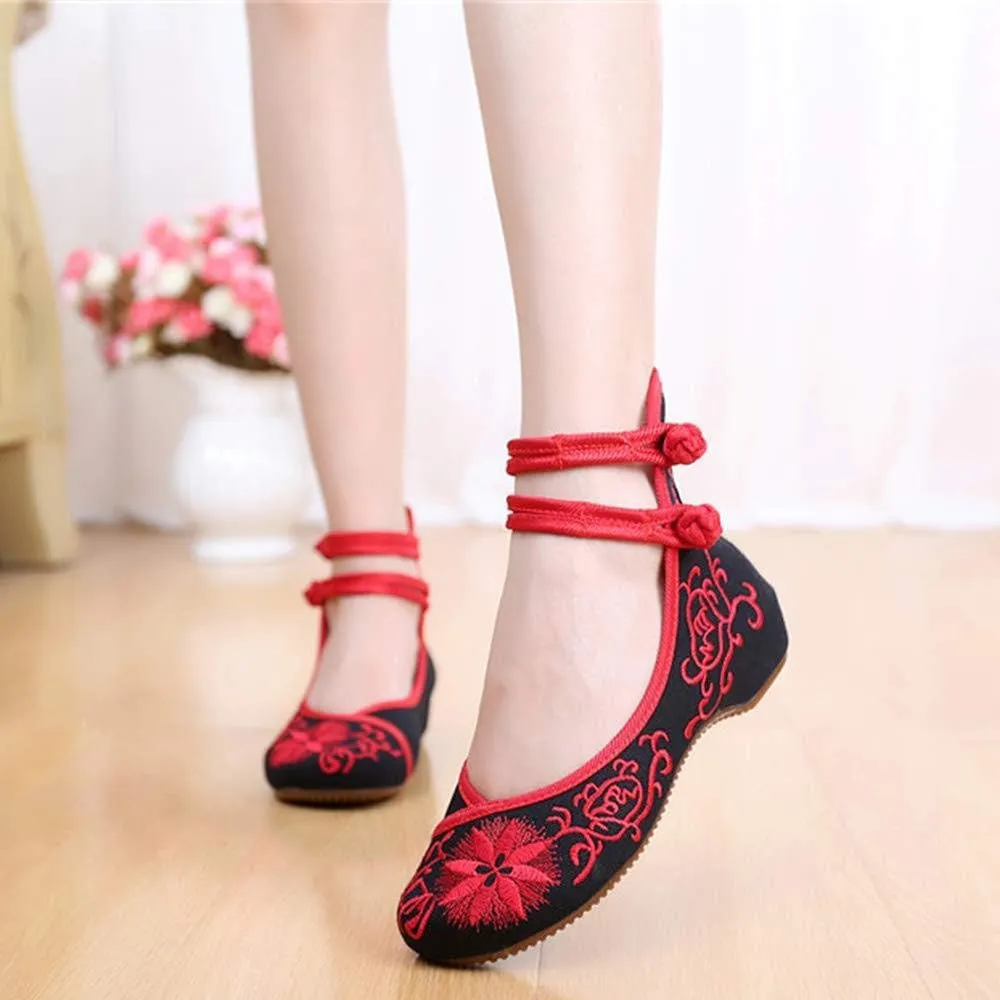 Women's Casual Flat Chinese Embroidered Floral Mary Jane Ballet Shoes