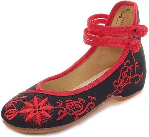 Women's Casual Flat Chinese Embroidered Floral Mary Jane Ballet Shoes