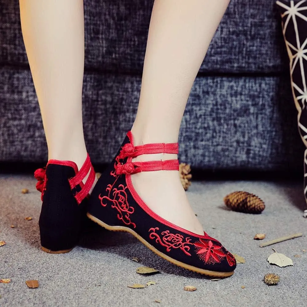 Women's Casual Flat Chinese Embroidered Floral Mary Jane Ballet Shoes