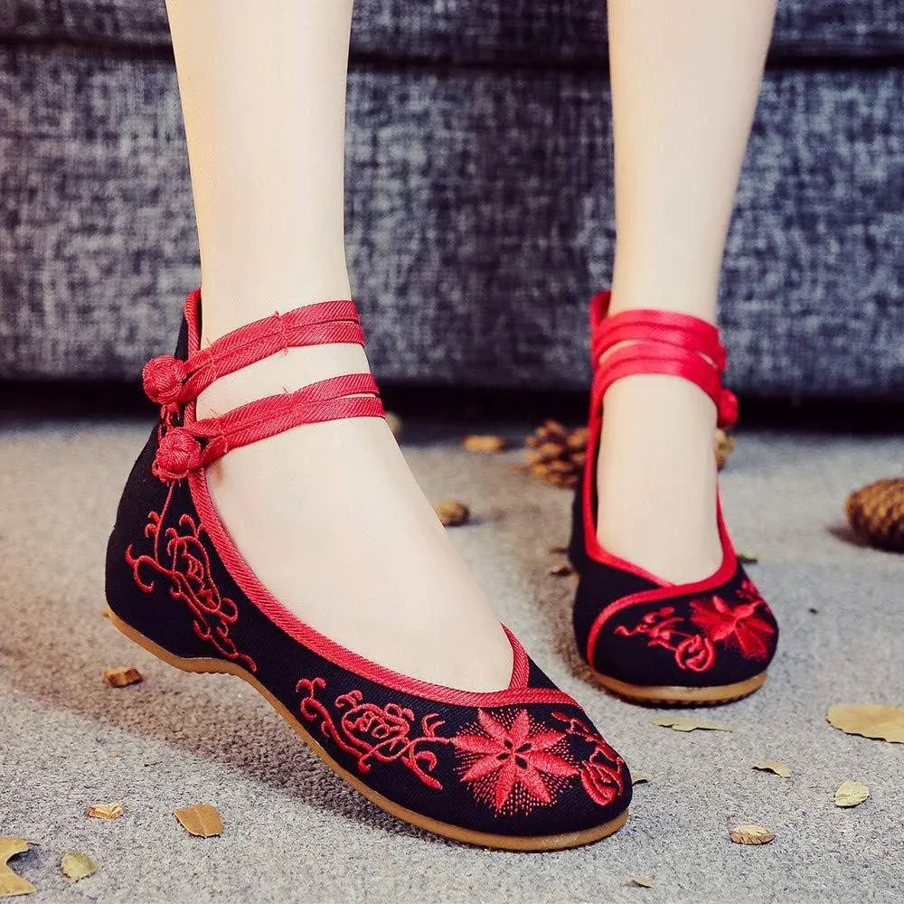 Women's Casual Flat Chinese Embroidered Floral Mary Jane Ballet Shoes