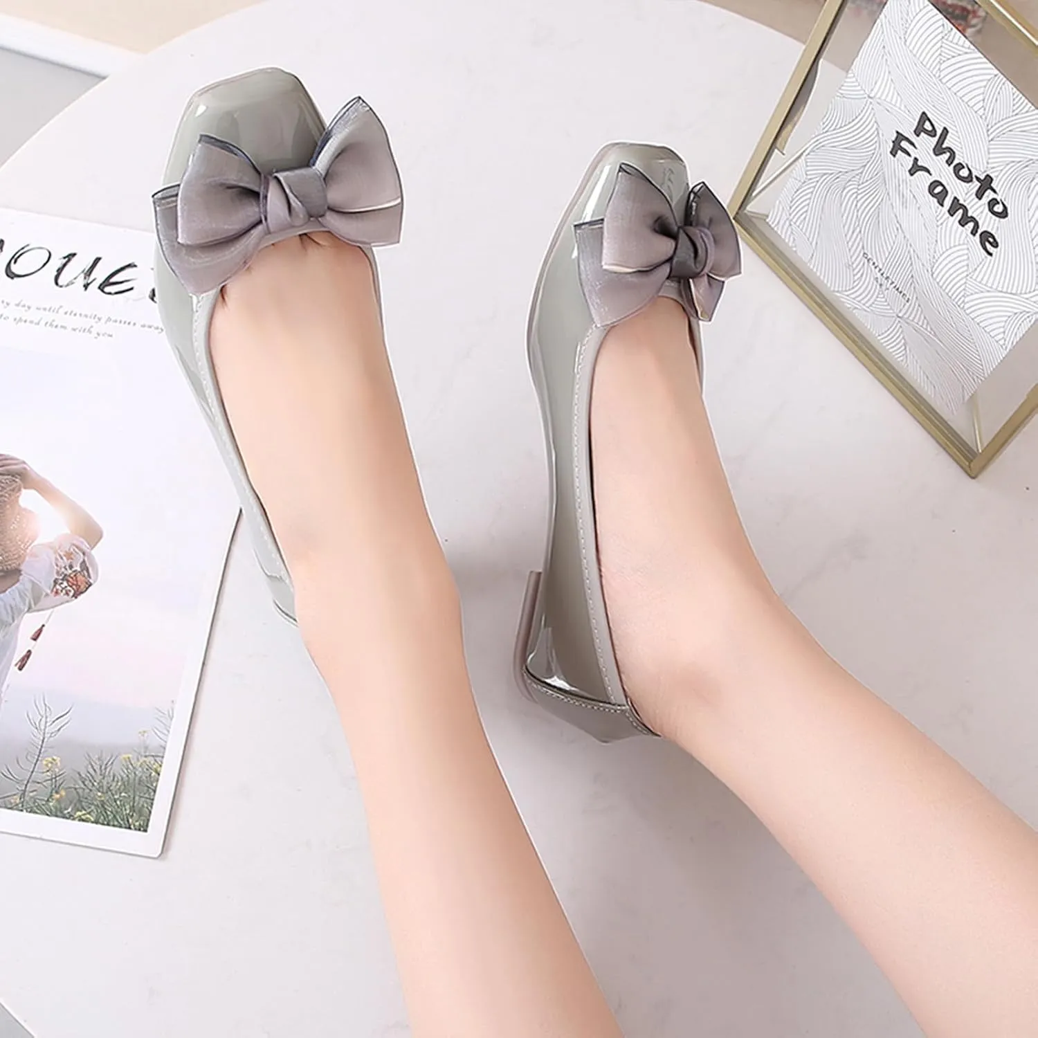 Women's Chic Patent Leather Ballet Flats Elegant Bow Square Toe Slip-On Shoes for Office Party Formal Events