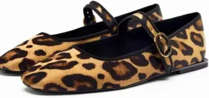 Women's Leopard Print Mary Jane Flats Square Toe Suede Ballet Flats for Women Buckle Strap Comfortable Fall Ballerina Shoes