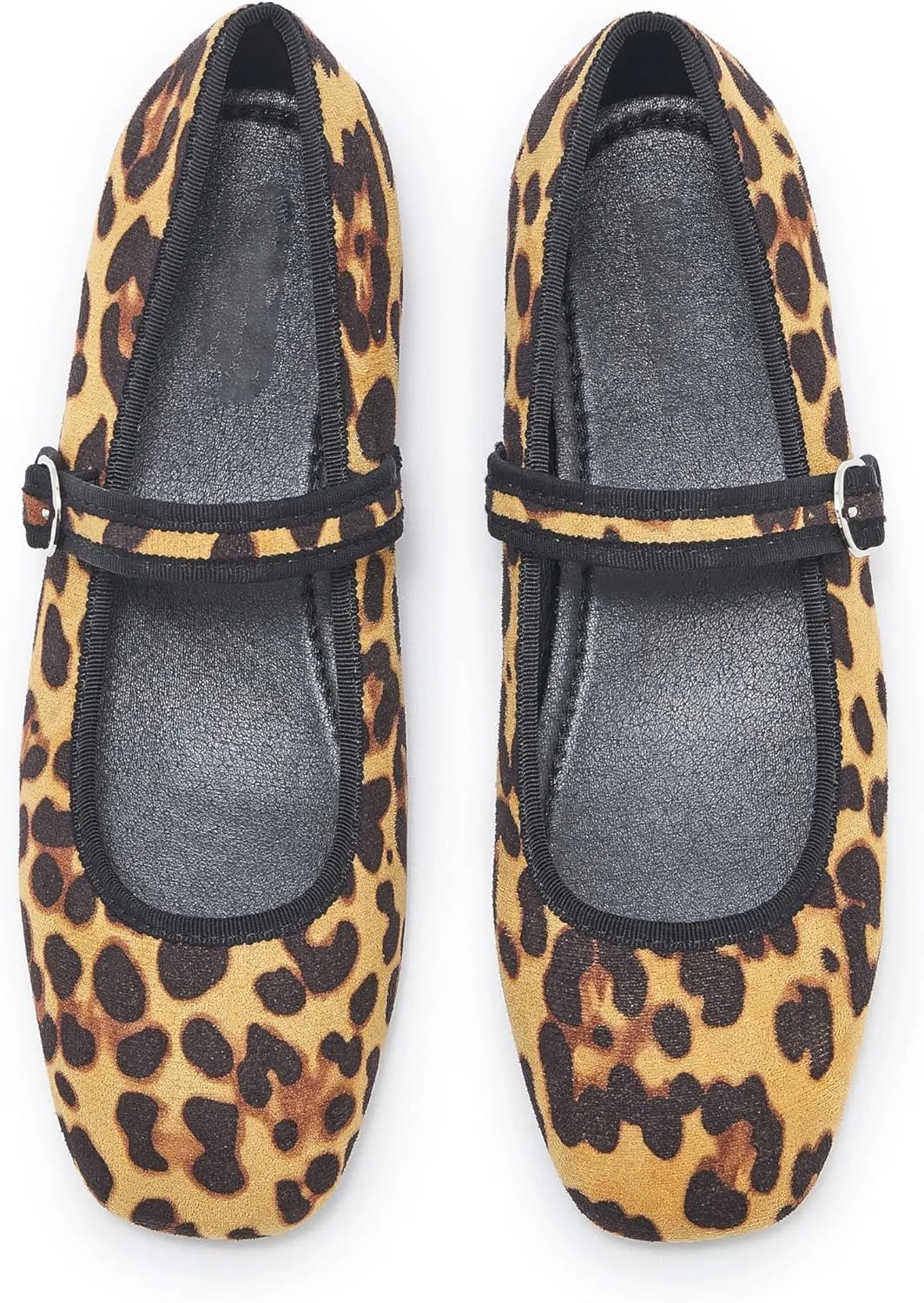 Women's Leopard Print Mary Jane Flats Square Toe Suede Ballet Flats for Women Buckle Strap Comfortable Fall Ballerina Shoes