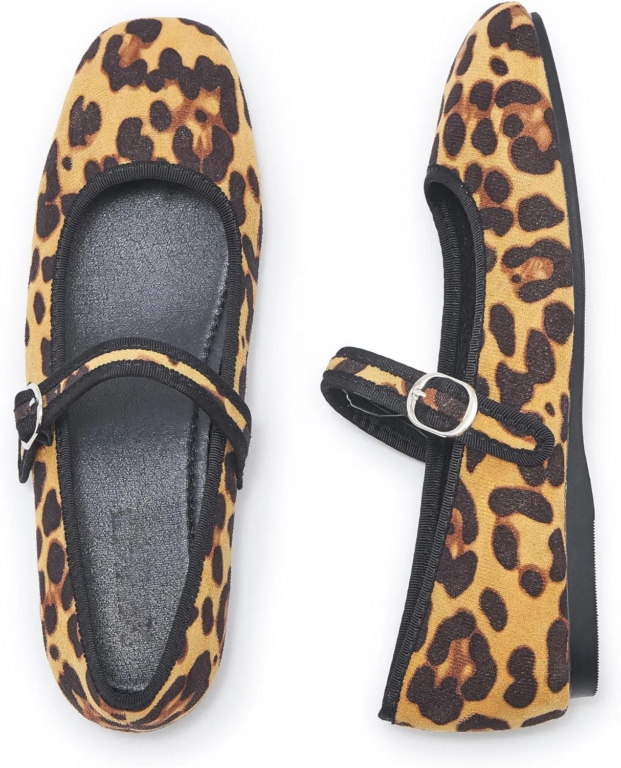 Women's Leopard Print Mary Jane Flats Square Toe Suede Ballet Flats for Women Buckle Strap Comfortable Fall Ballerina Shoes
