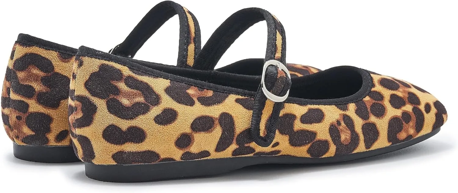 Women's Leopard Print Mary Jane Flats Square Toe Suede Ballet Flats for Women Buckle Strap Comfortable Fall Ballerina Shoes
