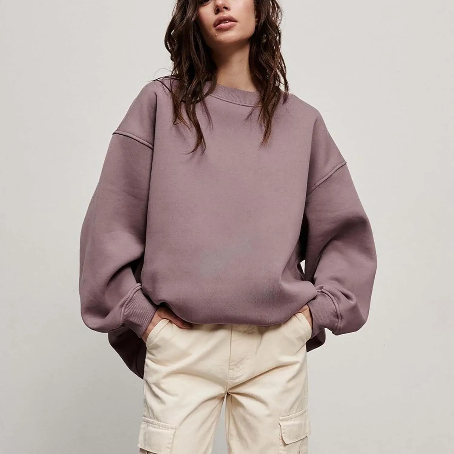 Women's Oversized Long Sleeve Sweatshirts Pure Color Round Neck Casual Pullover Shirt Fashion Going Out Clothes