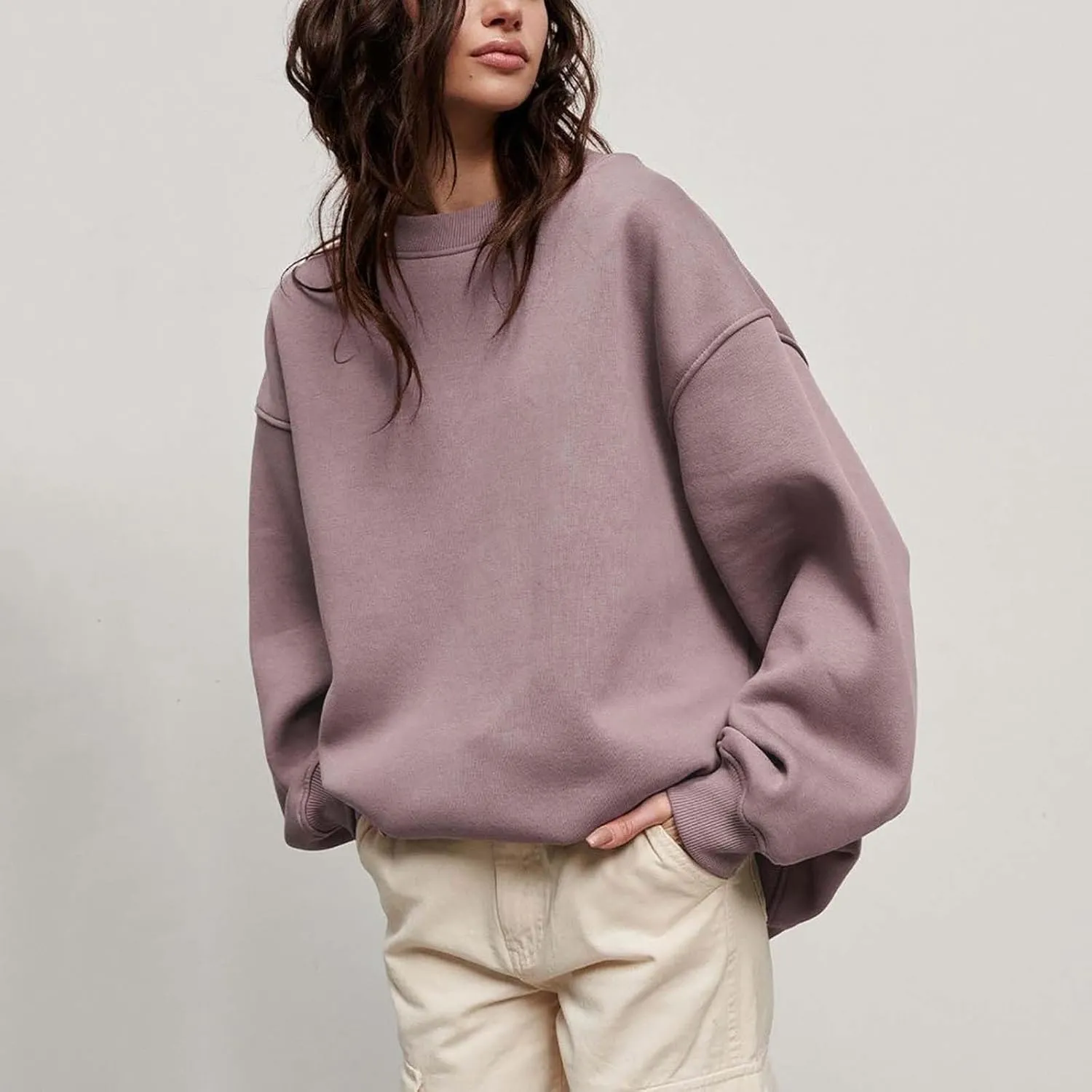 Women's Oversized Long Sleeve Sweatshirts Pure Color Round Neck Casual Pullover Shirt Fashion Going Out Clothes
