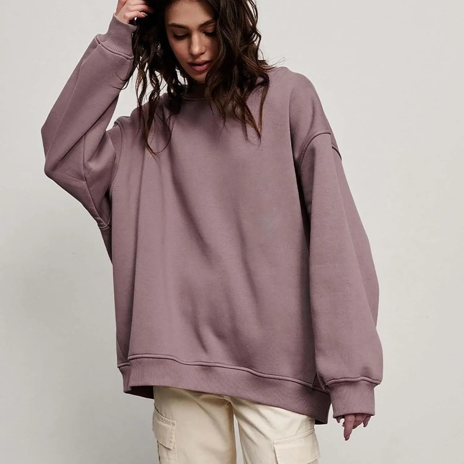 Women's Oversized Long Sleeve Sweatshirts Pure Color Round Neck Casual Pullover Shirt Fashion Going Out Clothes