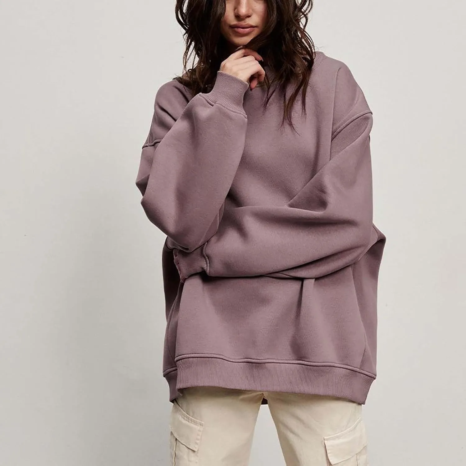 Women's Oversized Long Sleeve Sweatshirts Pure Color Round Neck Casual Pullover Shirt Fashion Going Out Clothes
