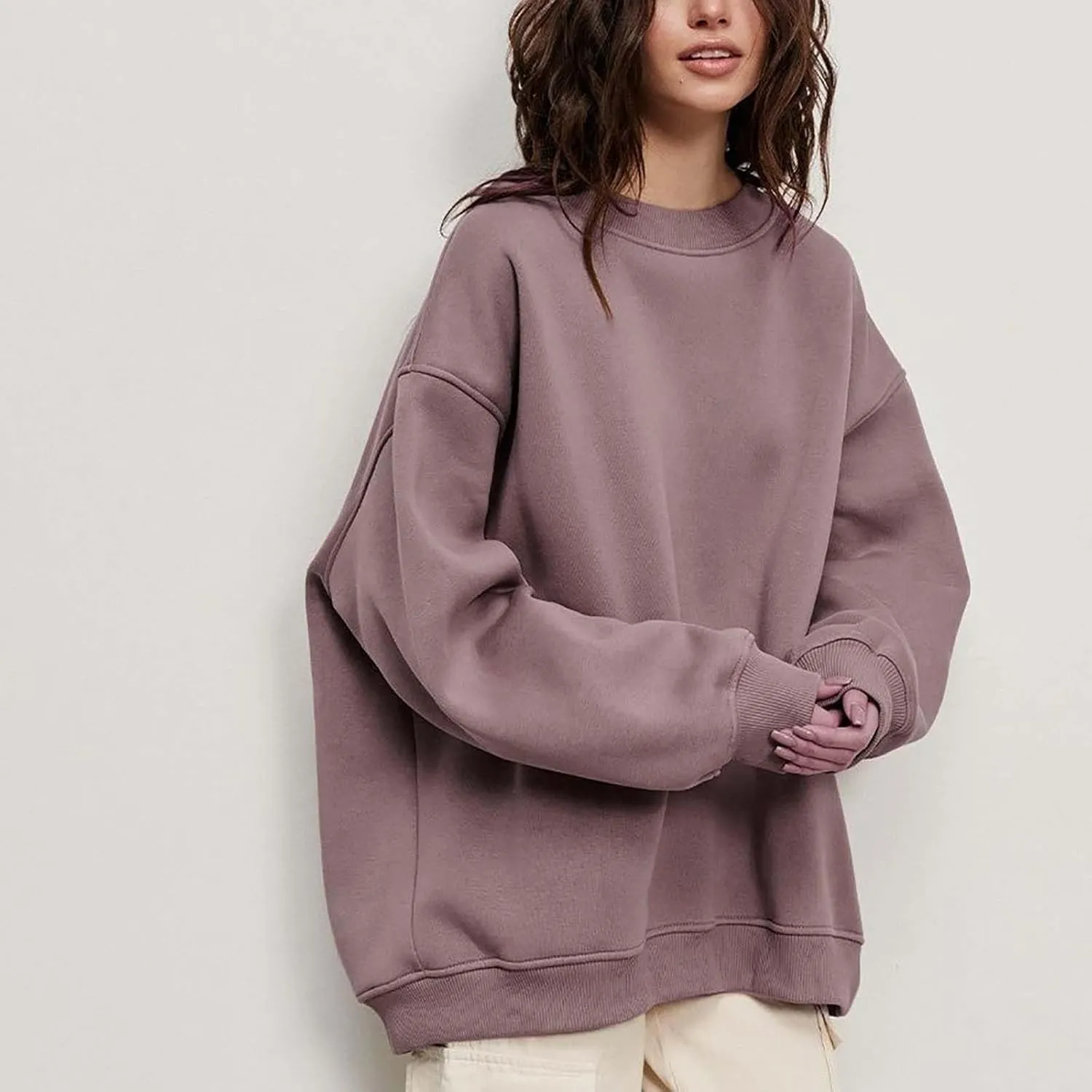 Women's Oversized Long Sleeve Sweatshirts Pure Color Round Neck Casual Pullover Shirt Fashion Going Out Clothes