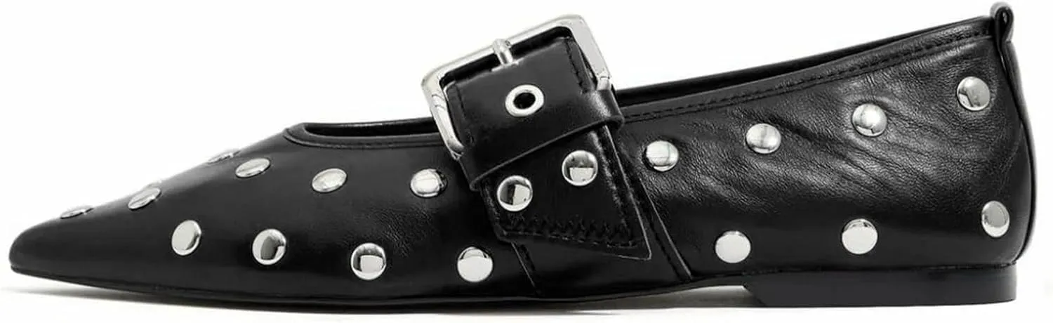 Women's Pointed Toe Ballet Flats Rivet Mary Jane Flats with Adjutable Buckle Low Heel Comfortable Casual Dress Work Ballerina Flats Shoes
