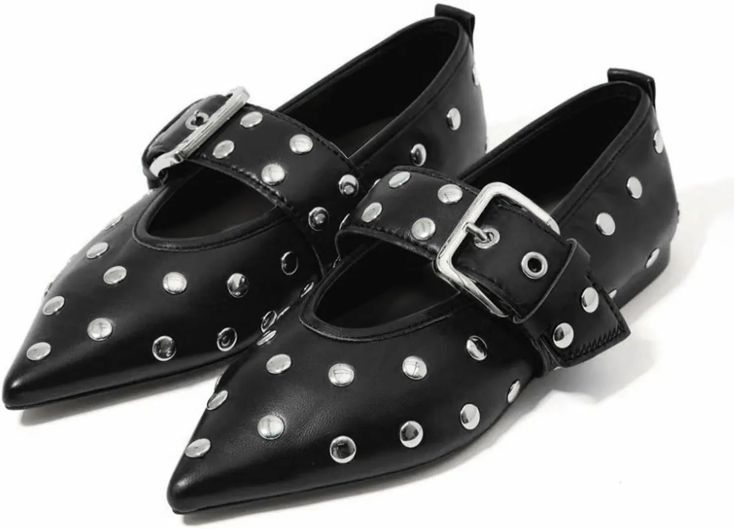 Women's Pointed Toe Ballet Flats Rivet Mary Jane Flats with Adjutable Buckle Low Heel Comfortable Casual Dress Work Ballerina Flats Shoes