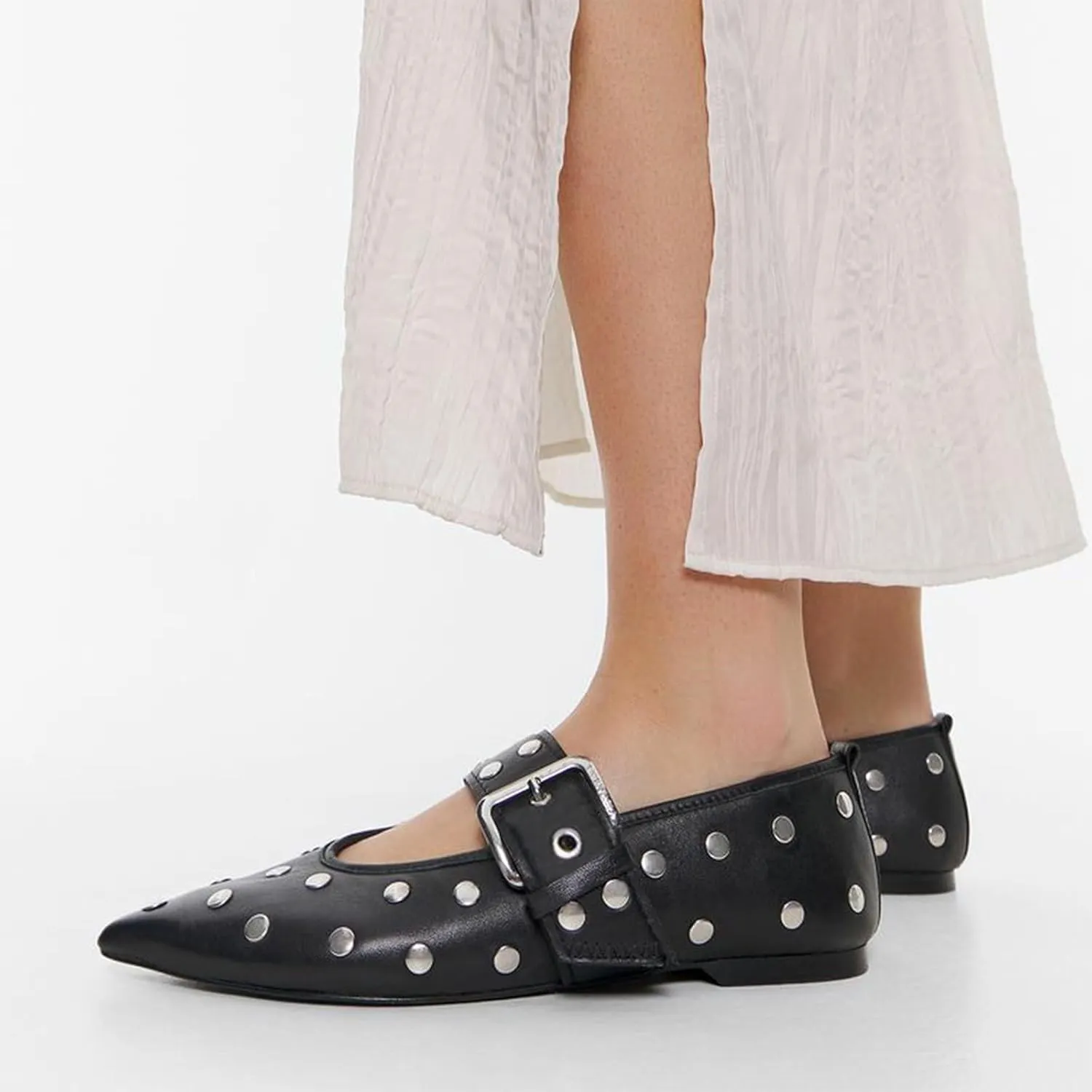 Women's Pointed Toe Ballet Flats Rivet Mary Jane Flats with Adjutable Buckle Low Heel Comfortable Casual Dress Work Ballerina Flats Shoes