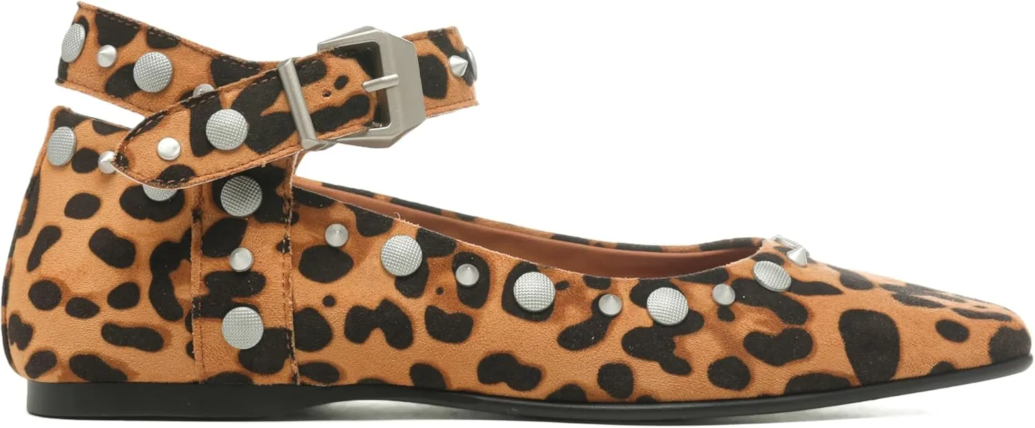Women's Stud Mary Jane Flats Metallic Square Toe Ballet Flats Ankle Buckle Strap Comfy Ballerina Shoes