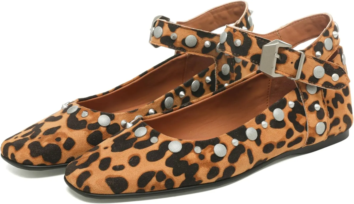 Women's Stud Mary Jane Flats Metallic Square Toe Ballet Flats Ankle Buckle Strap Comfy Ballerina Shoes