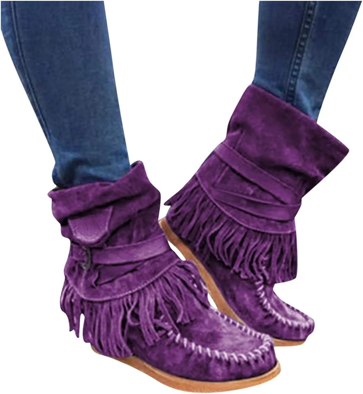 Womens Suede Fringe Ankle Boots Vintage Boho Fringe Tassel Flat Heel Western Cowgirl Boots Retro Ethnic Mid Calf Booties