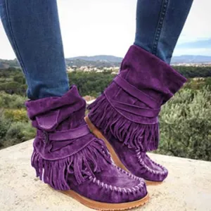 Womens Suede Fringe Ankle Boots Vintage Boho Fringe Tassel Flat Heel Western Cowgirl Boots Retro Ethnic Mid Calf Booties
