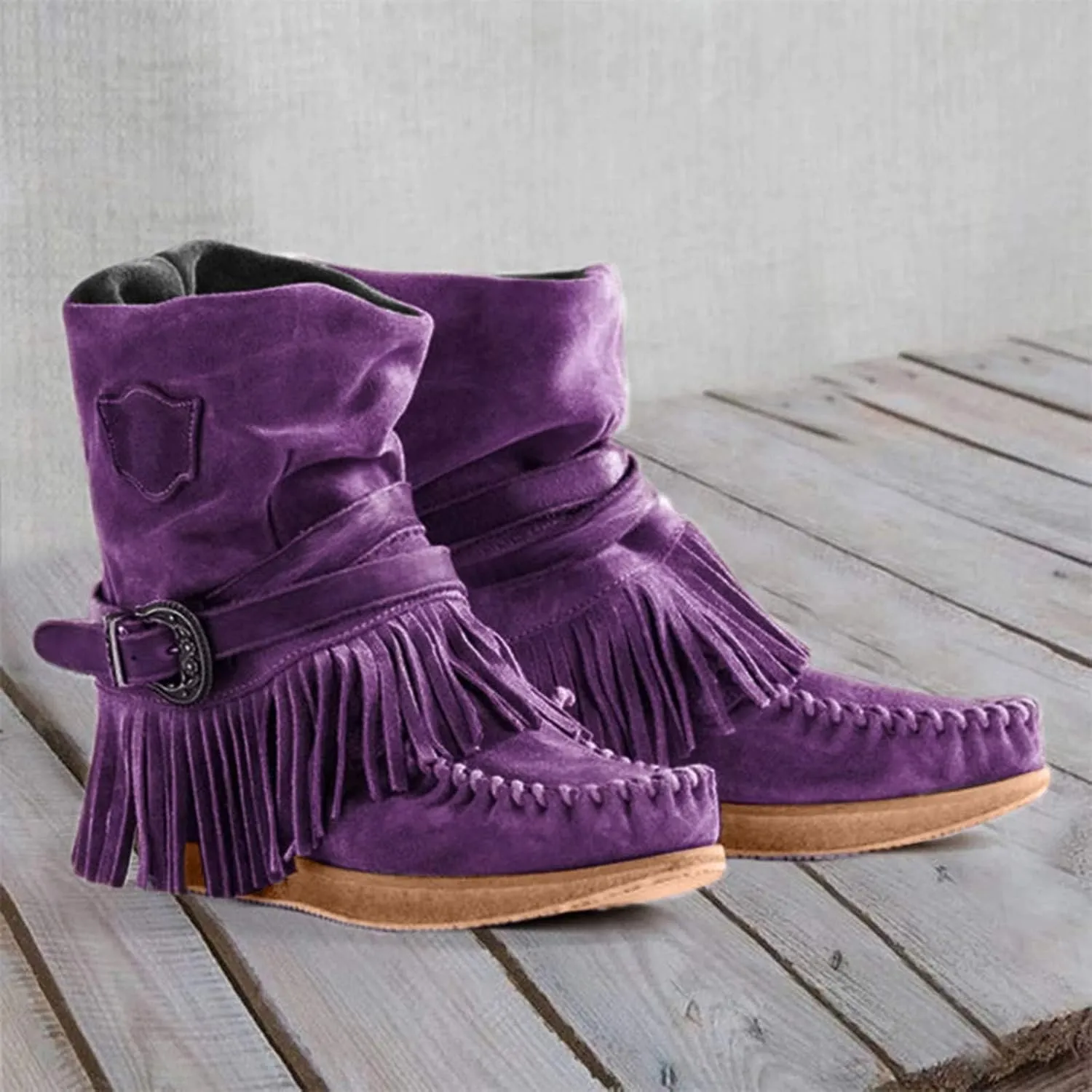Womens Suede Fringe Ankle Boots Vintage Boho Fringe Tassel Flat Heel Western Cowgirl Boots Retro Ethnic Mid Calf Booties