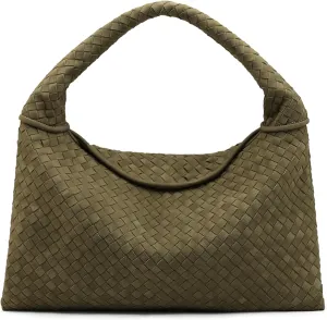 Women's Vegan Leather Woven Tote, Vintage Suede Hobo, Suede Woven Purse Shoulder Bag Top-Handle Bag