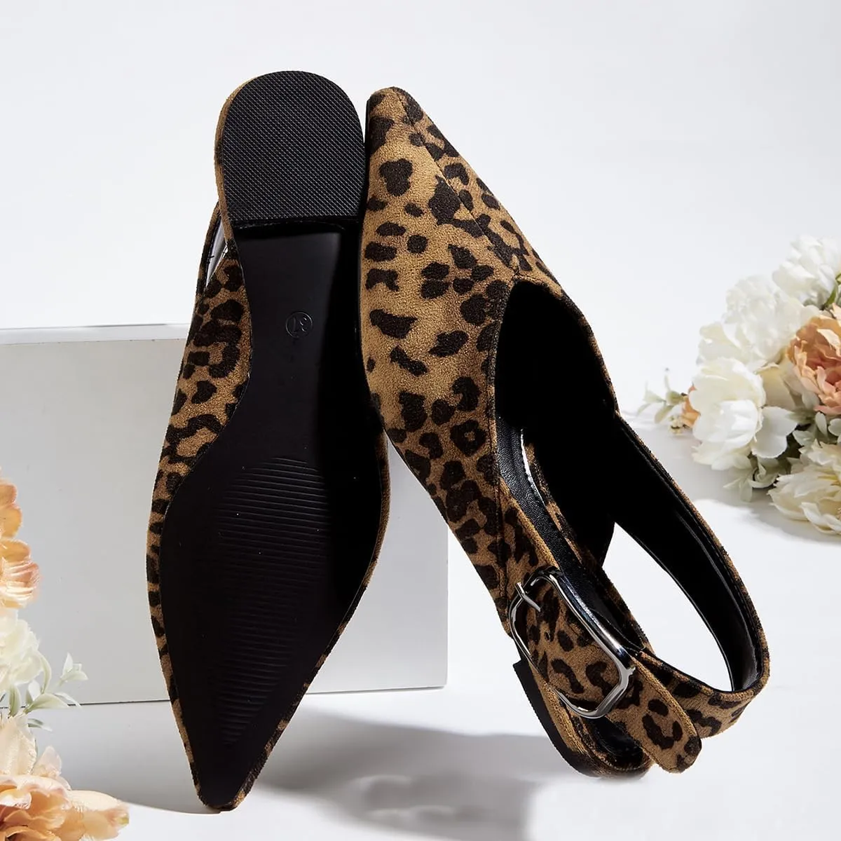 Women's Wide Welt Buckle Ballet Flats Pointed Toe Slingback Mules Mary Jane Flat Ballerina Shoes